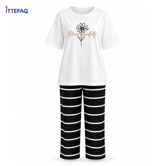 Women’s “Bloom Gracefully” Daisy Print Pajama Set with Striped Pants