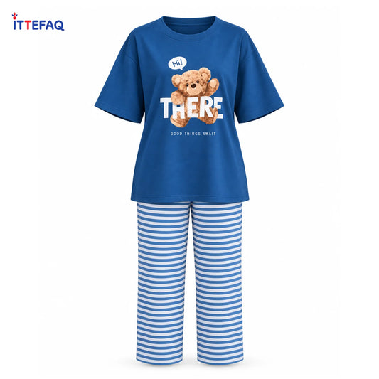 Women’s Teddy Bear Graphic Pajama Set with Striped Pants