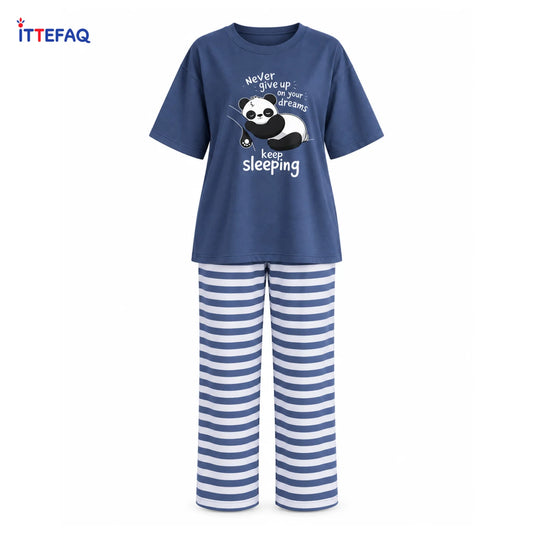 Women’s Panda Graphic Pajama Set with Striped Pants