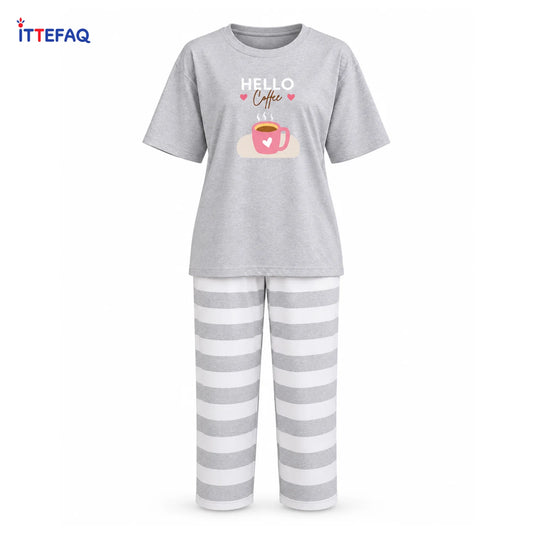 Women’s Hello Coffee Pajama Set with Striped Pants