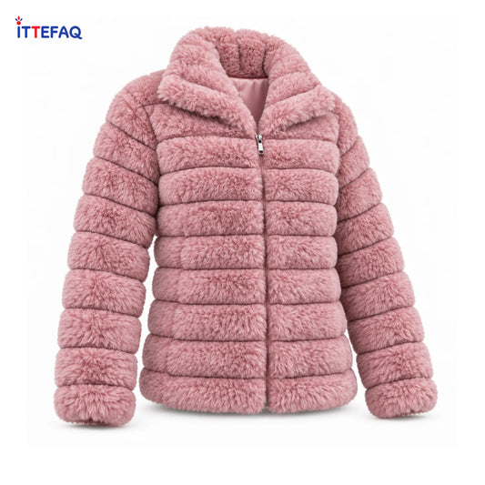Women’s Pink Faux Fur Zip-Up Jacket with Quilted Stripe Design