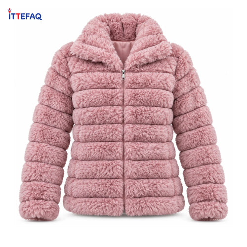 Women’s Pink Faux Fur Zip-Up Jacket with Quilted Stripe Design
