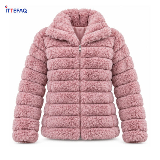 Women’s Pink Faux Fur Zip-Up Jacket with Quilted Stripe Design