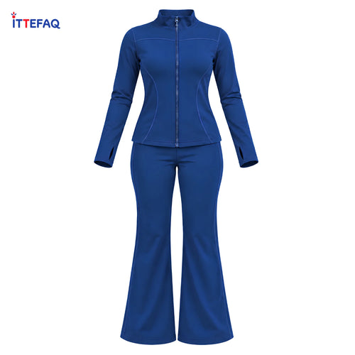 Women’s Two-Piece Gym Wear Set with Thumb-Hole Zip Top & Flared Trousers