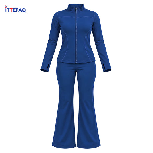 Women’s Two-Piece Gym Wear Set with Thumb-Hole Zip Top & Flared Trousers