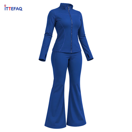 Women’s Two-Piece Gym Wear Set with Thumb-Hole Zip Top & Flared Trousers