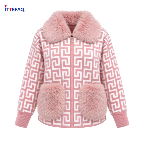 Women’s Geometric Knit Zip-Up Cardigan with Fluffy Collar & Pockets