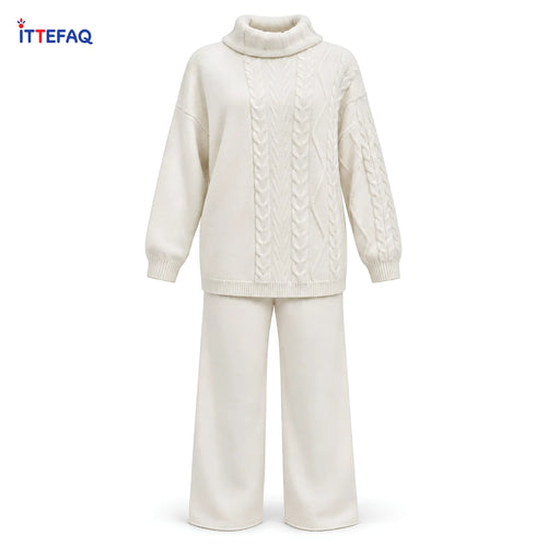 Women’s High-Neck Cable Knit Two-Piece Co-ord Set with Matching Trousers