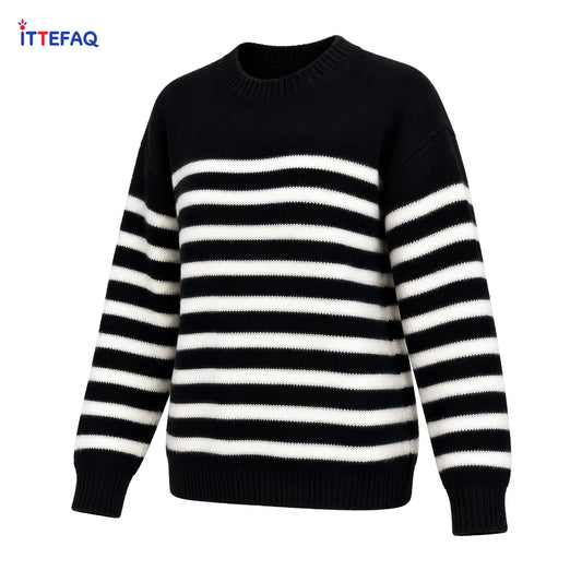 Women’s Striped Knit Sweater with Round Neck & Ribbed Cuffs