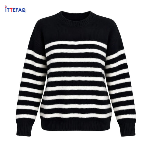 Women’s Striped Knit Sweater with Round Neck & Ribbed Cuffs
