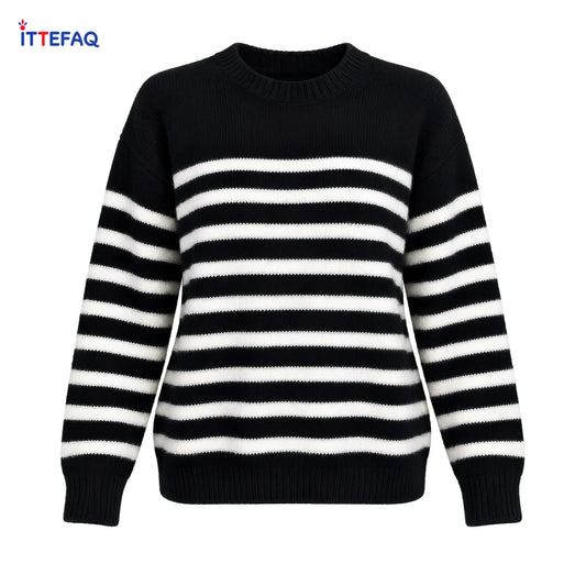 Women’s Striped Knit Sweater with Round Neck & Ribbed Cuffs
