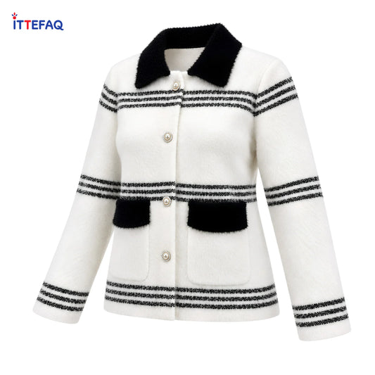 Women’s Fuzzy Striped Button-Front Cardigan with Collar & Pockets