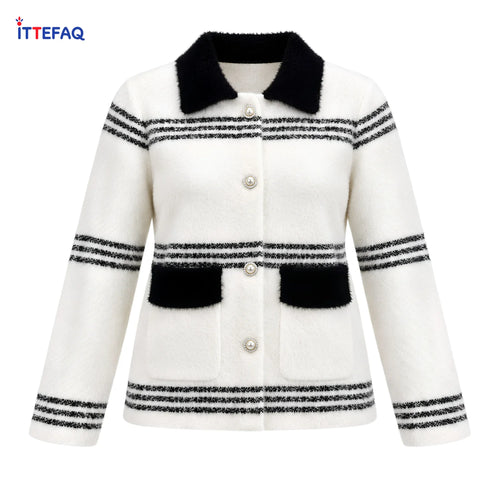 Women’s Fuzzy Striped Button-Front Cardigan with Collar & Pockets