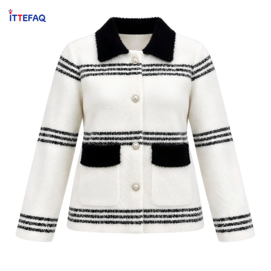 Women’s Fuzzy Striped Button-Front Cardigan with Collar & Pockets
