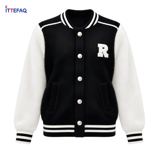 Women’s Fuzzy Varsity Cardigan with Contrast Sleeves & Pearl-Look Buttons