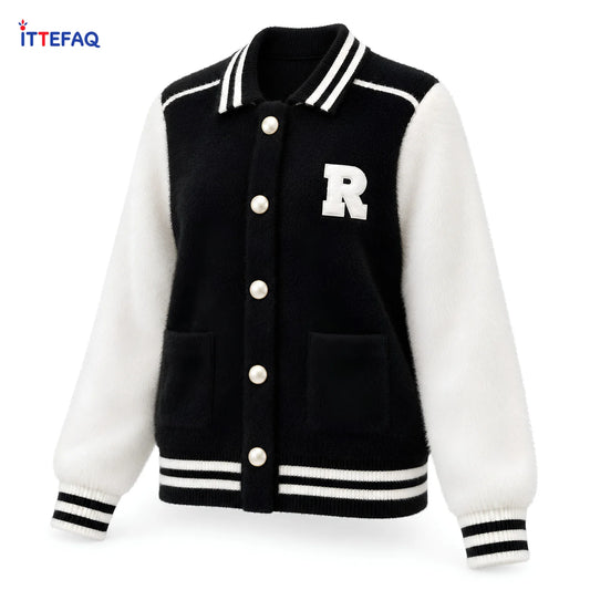 Women’s Fuzzy Varsity Cardigan with Contrast Sleeves & Pearl-Look Buttons