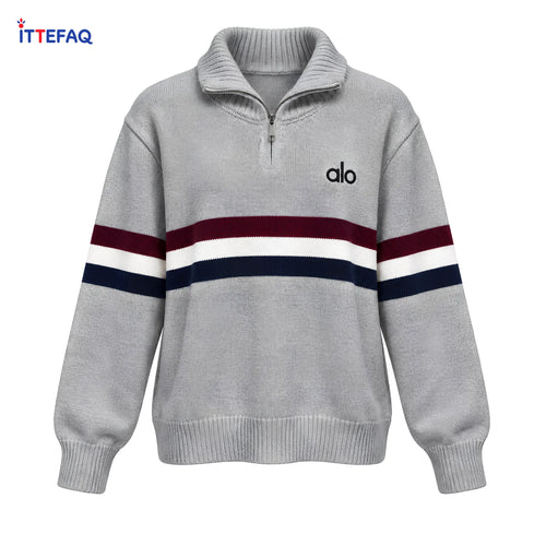 Women’s Striped Quarter-Zip Knit Sweater with Ribbed Collar