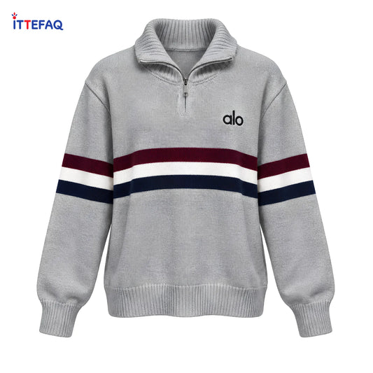 Women’s Striped Quarter-Zip Knit Sweater with Ribbed Collar