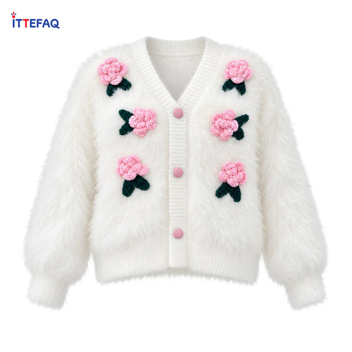 Women’s Fluffy Floral V-Neck Cardigan with Button Front