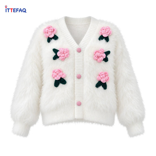 Women’s Fluffy Floral V-Neck Cardigan with Button Front