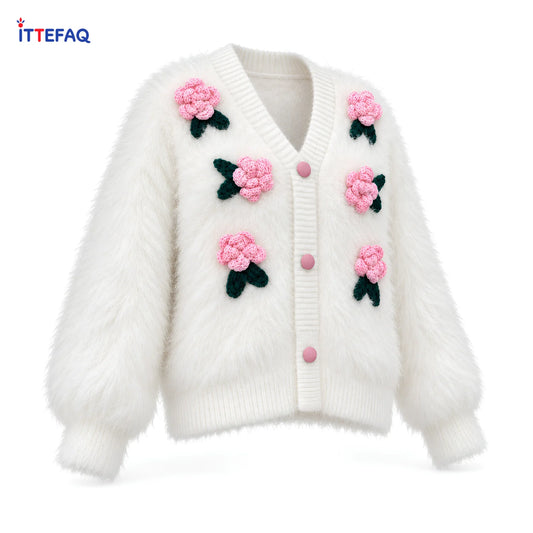 Women’s Fluffy Floral V-Neck Cardigan with Button Front