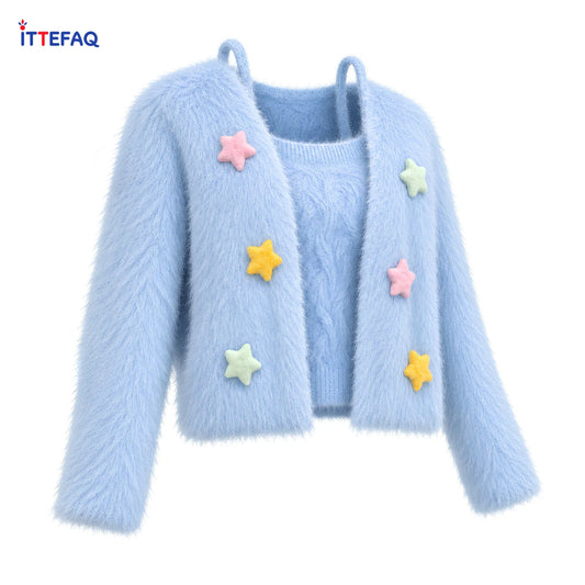 Women’s Fluffy Star Cardigan with Matching Camisole Inner Set