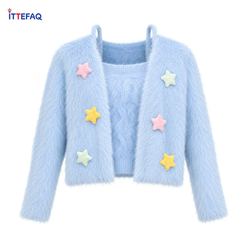 Women’s Fluffy Star Cardigan with Matching Camisole Inner Set
