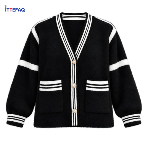 Women’s Fuzzy V-Neck Cardigan with Striped Trim & Pearl-Look Buttons