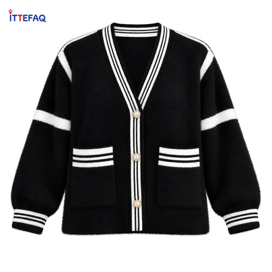 Women’s Fuzzy V-Neck Cardigan with Striped Trim & Pearl-Look Buttons