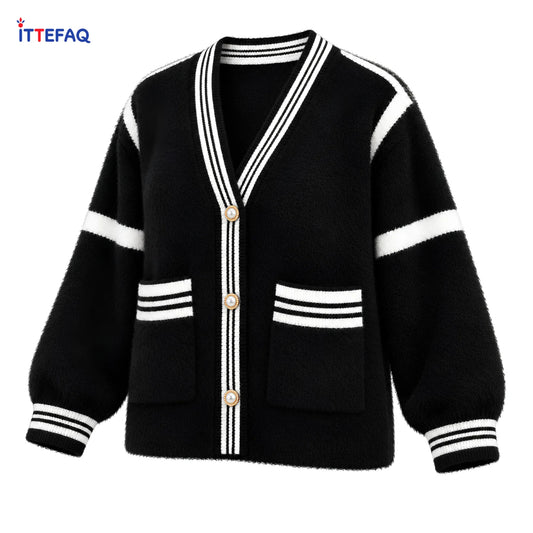 Women’s Fuzzy V-Neck Cardigan with Striped Trim & Pearl-Look Buttons