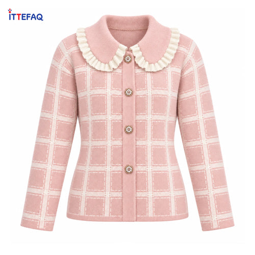 Title: Women’s Checked Knit Cardigan with Ruffle Collar & Floral Buttons