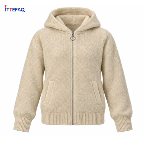 Women’s Fuzzy Hooded Zip-Up Cardigan with Ring Pull & Pockets