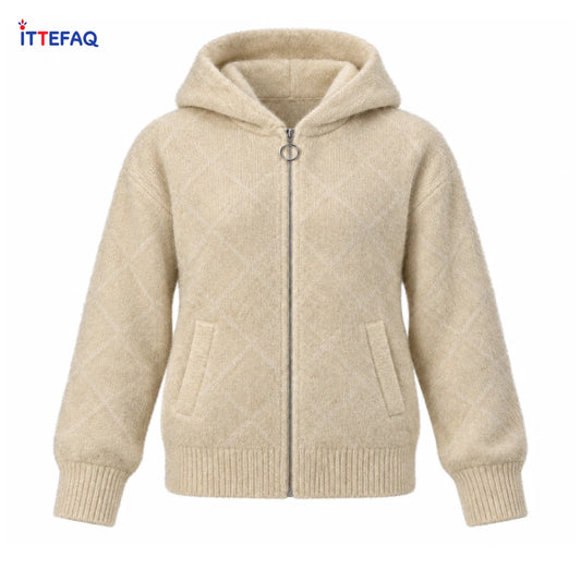 Women’s Fuzzy Hooded Zip-Up Cardigan with Ring Pull & Pockets