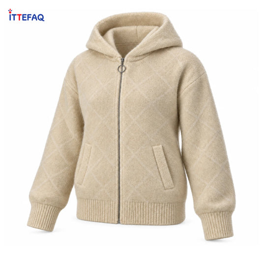Women’s Fuzzy Hooded Zip-Up Cardigan with Ring Pull & Pockets
