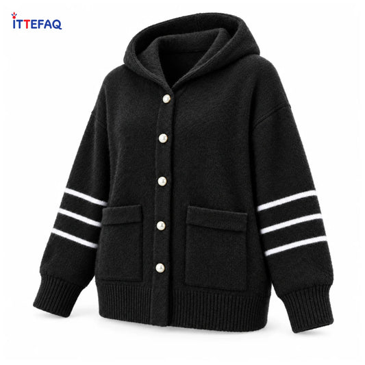 Women’s Fuzzy Hooded Cardigan with Striped Sleeves & Pearl-Look Buttons
