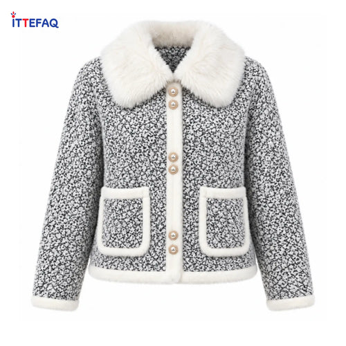 Women’s Patterned Winter Cardigan with Fluffy Collar & Pearl-Look Buttons