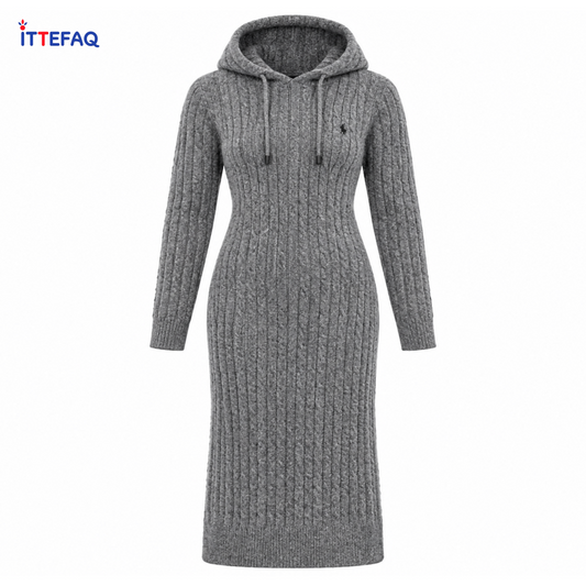 Women’s Hooded Cable Knit Bodycon Dress with Long Sleeves