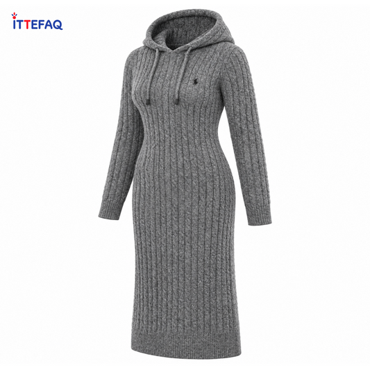 Women’s Hooded Cable Knit Bodycon Dress with Long Sleeves