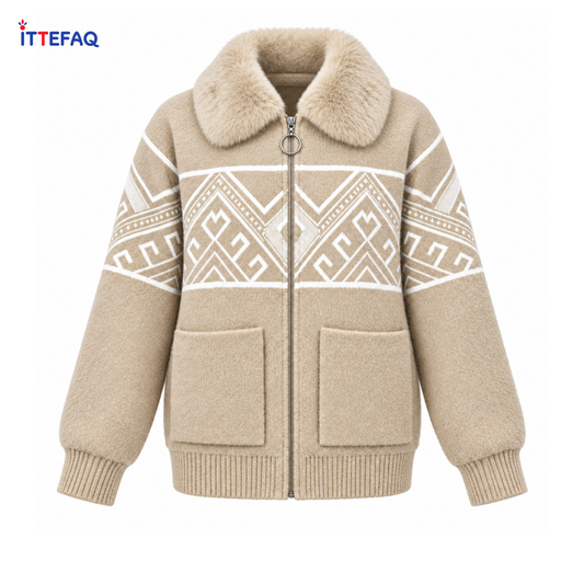 Women’s Geometric Knit Zip-Up Winter Jacket with Fluffy Collar