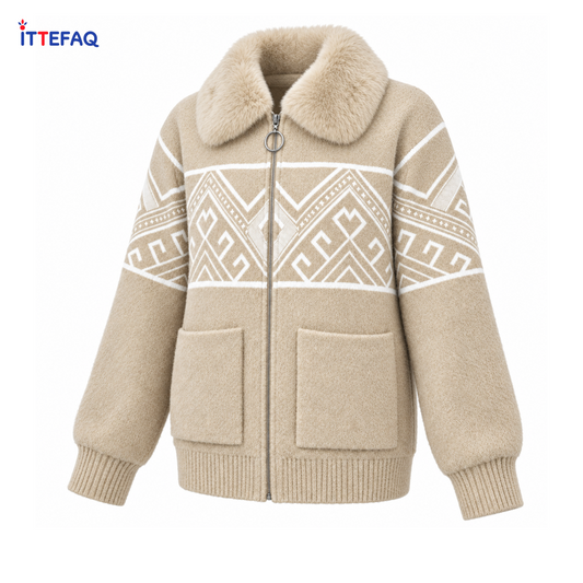 Women’s Geometric Knit Zip-Up Winter Jacket with Fluffy Collar