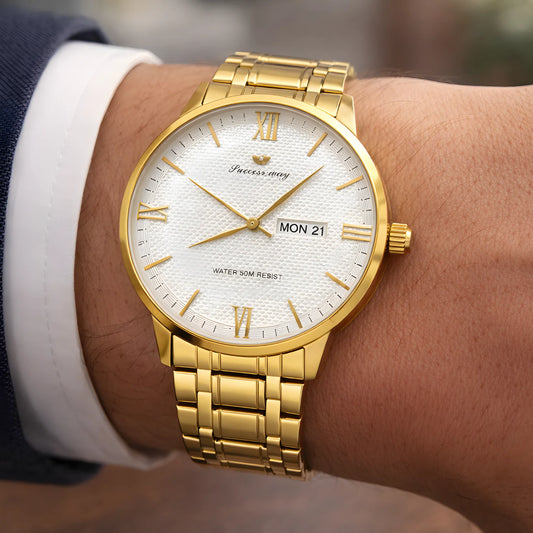 SUCCESS WAY Gold Stainless Steel Day-Date Watch