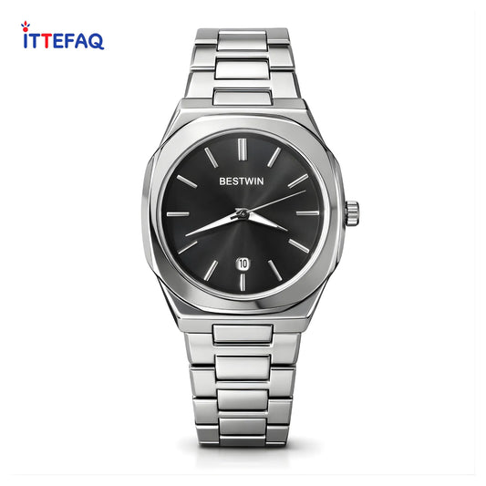BESTWIN Silver Stainless Steel Black Sunburst Dial Watch