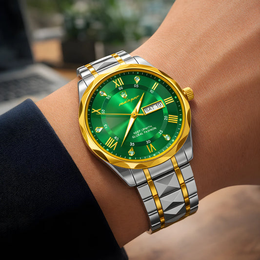 POEDAGAR Luxury Dual-Tone Stainless Steel Day-Date Watch