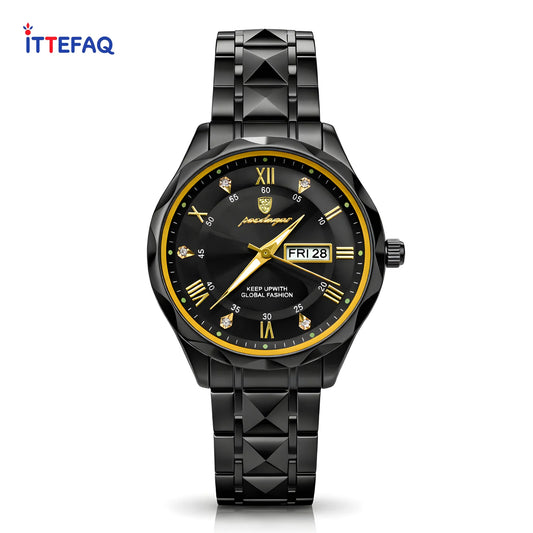 POEDAGAR Luxury Single-Tone Stainless Steel Day-Date Watch