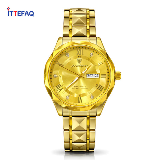 POEDAGAR Luxury Single-Tone Stainless Steel Day-Date Watch