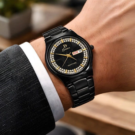 DAISTAR Black Stainless Steel Sapphire Watch with Diamond-Like Accents