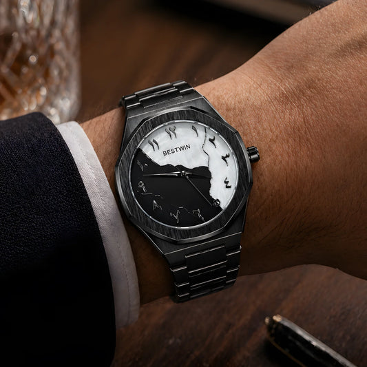 BESTWIN Aura Black Stainless Steel Watch with Abstract Numeral Dial