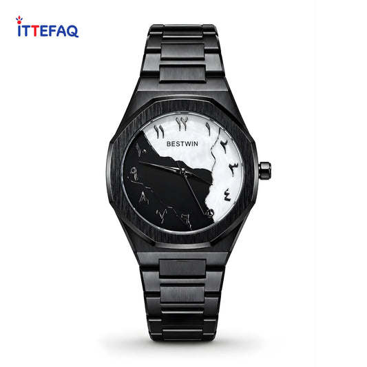 BESTWIN Aura Black Stainless Steel Watch with Abstract Numeral Dial