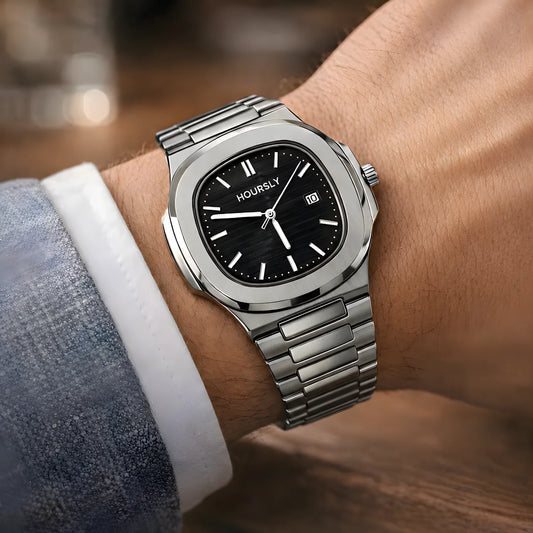 HOURSLY Stainless Steel Watch with Black Dial