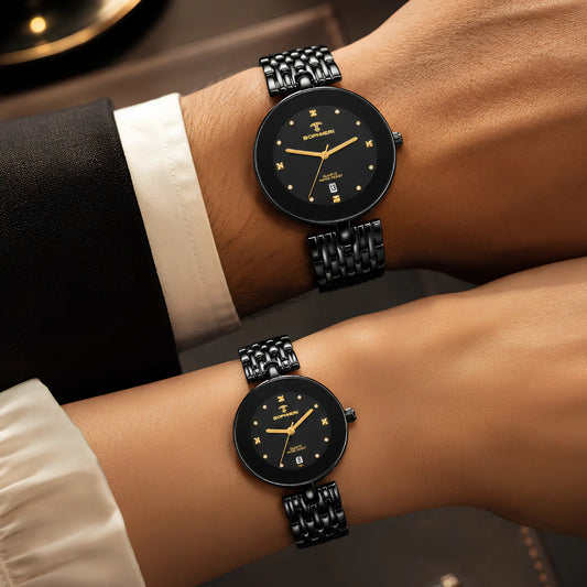 BOPHIERI Black Dial With Black Chain Couple Stainless Steel Watch